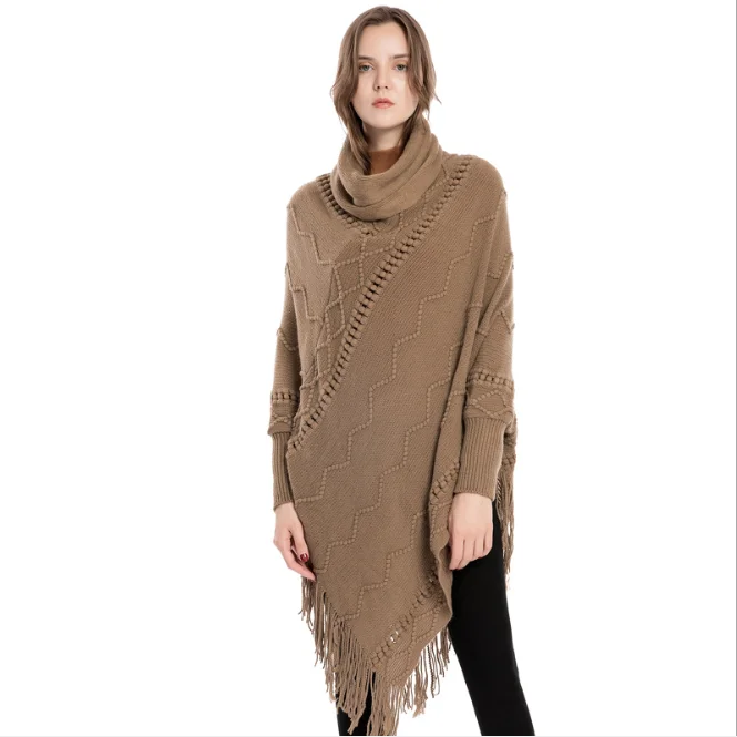 Pull Femme Autumn  Winter New Women's Acrylic Tassel Sweater High Neck Warm Sleeve Pullover Cloak Tassels Shawl Outside Khaki