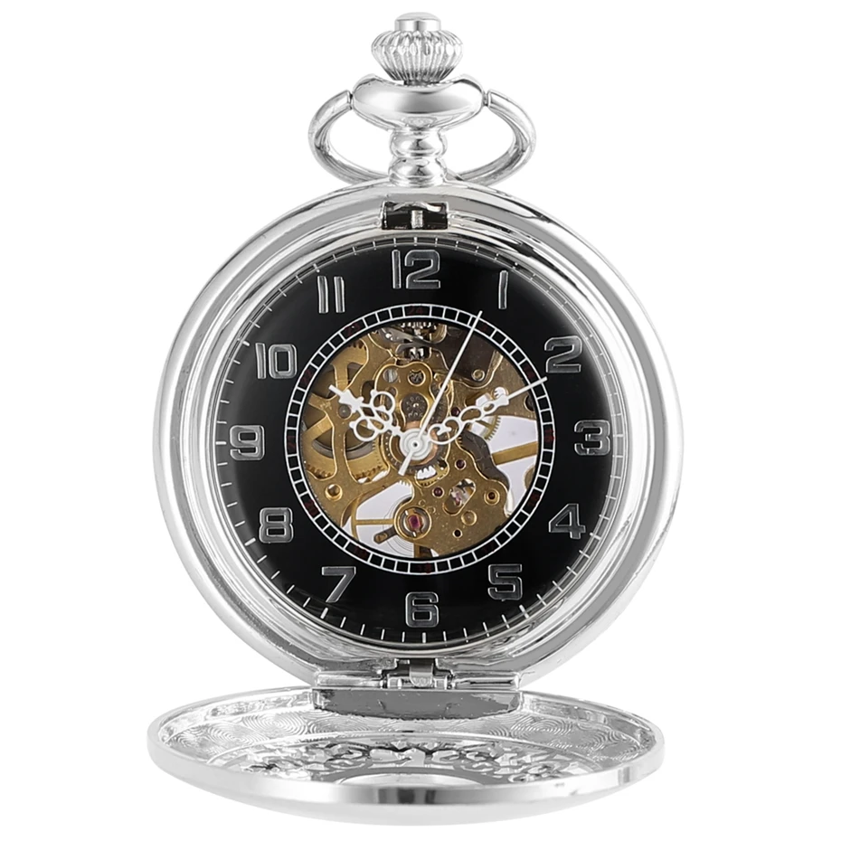 2020 NEW Fashion Mechanical Silver Pocket Watch Hollow Pattern Dial Hand Winding Luxury Steampunk Exquisite Necklace Chain Clock