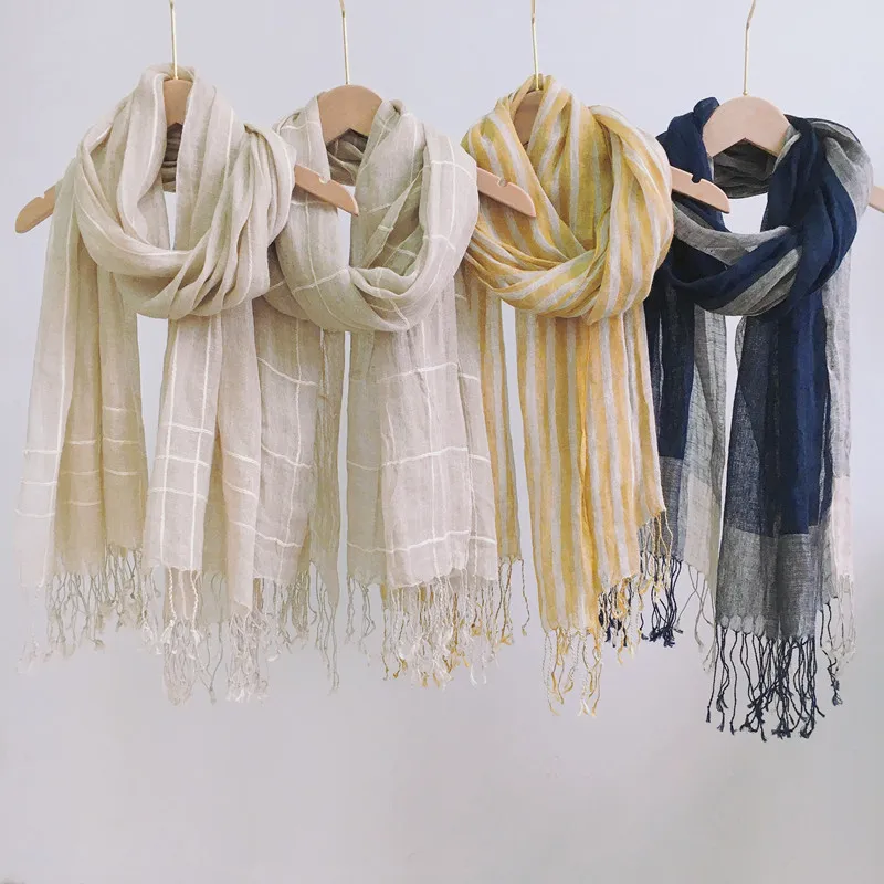 Women Foulard Elegant Stripe Linen Scarf Muslim Hijab Bandana Tassel Long Shawl Beautiful Sun Protection