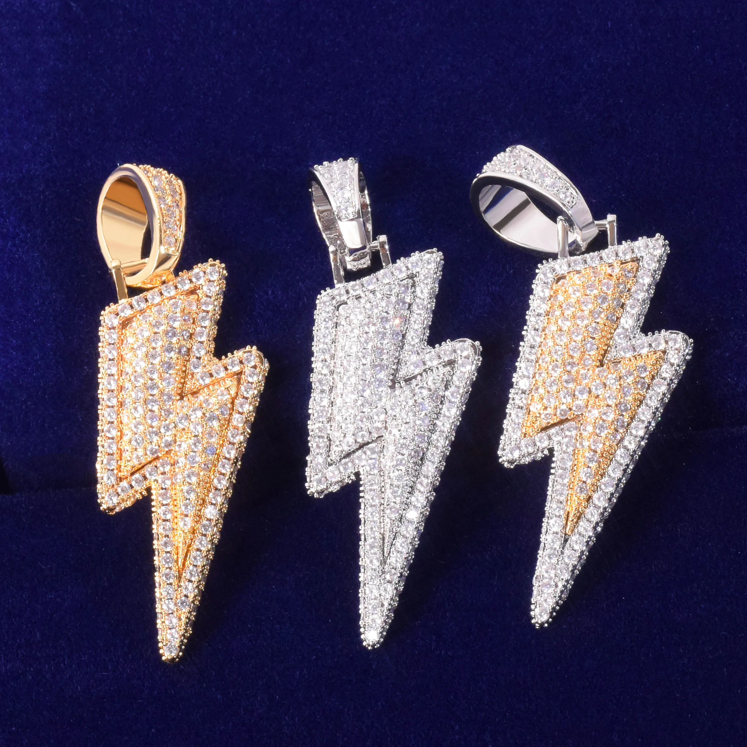 Lightning Shape Pendant Necklace Bling Cubic Zircon Men\'s Hip Hop Rock Jewelry