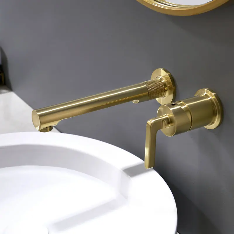 

Popular luxury Brushed gold Wall mounted Brass bathroom sink faucet one handle two holes cold hot water basin mixer tap