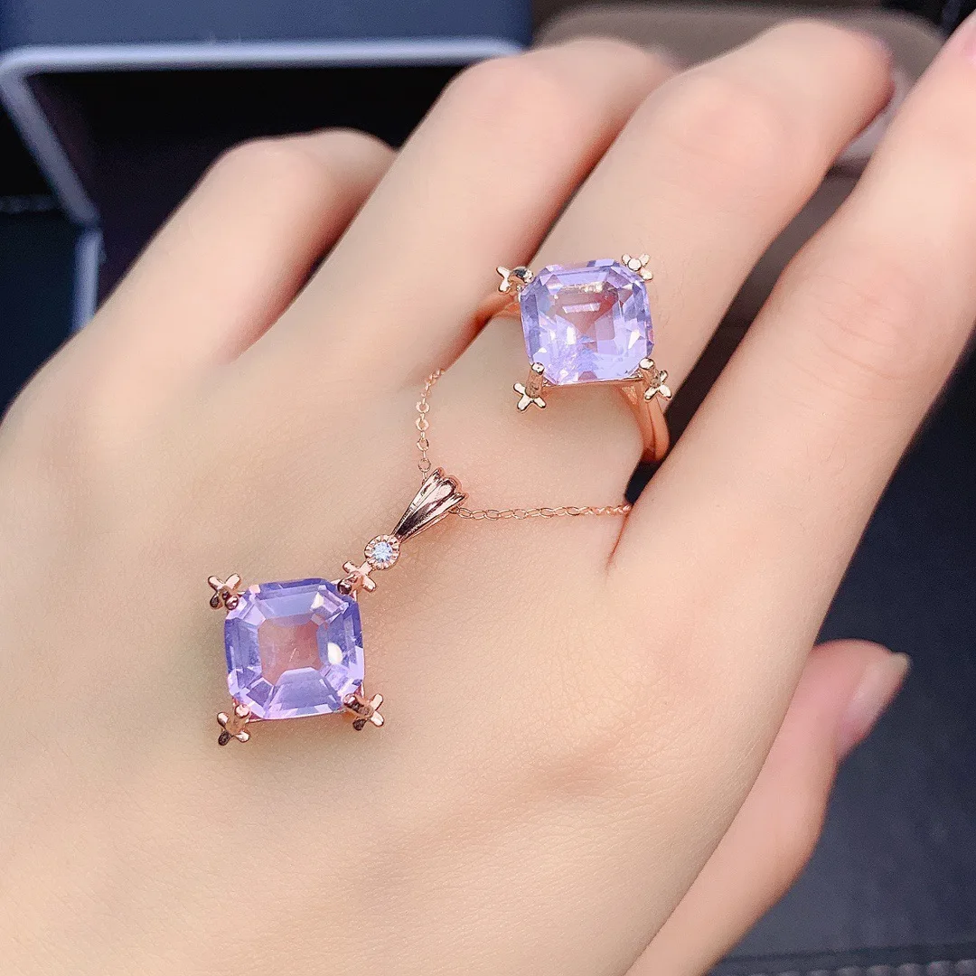 

Hot Selling Silver Engagement Jewelry Natural Lavender Quartz Jewelry Set Ring Pendant Necklace 925 Silver For Women Gift