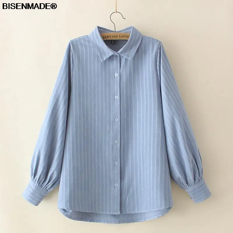 Plus Size Shirts Women Clothing Spring Autumn Loose Lapel Blouses Casual Long Sleeve Hong Kong Style Stripes Tops