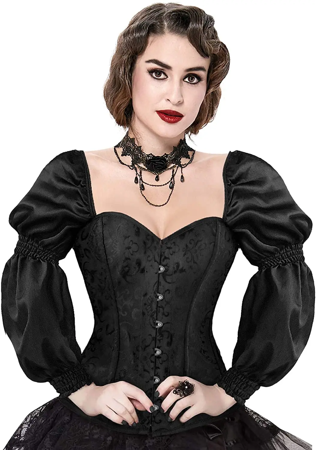 CEINTHRONEZ Women\'s Renaissance Victorian Brocade Long Sleeves Overbust Corset Top