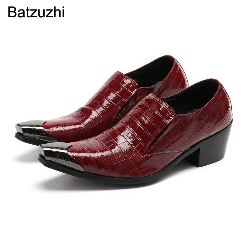 

Batzuzhi 6.5cm Heels High Men's Shoes Pointed Metal Toe Genuine Leather Dress Shoes Men Wine Red Business, Party and Wedding!