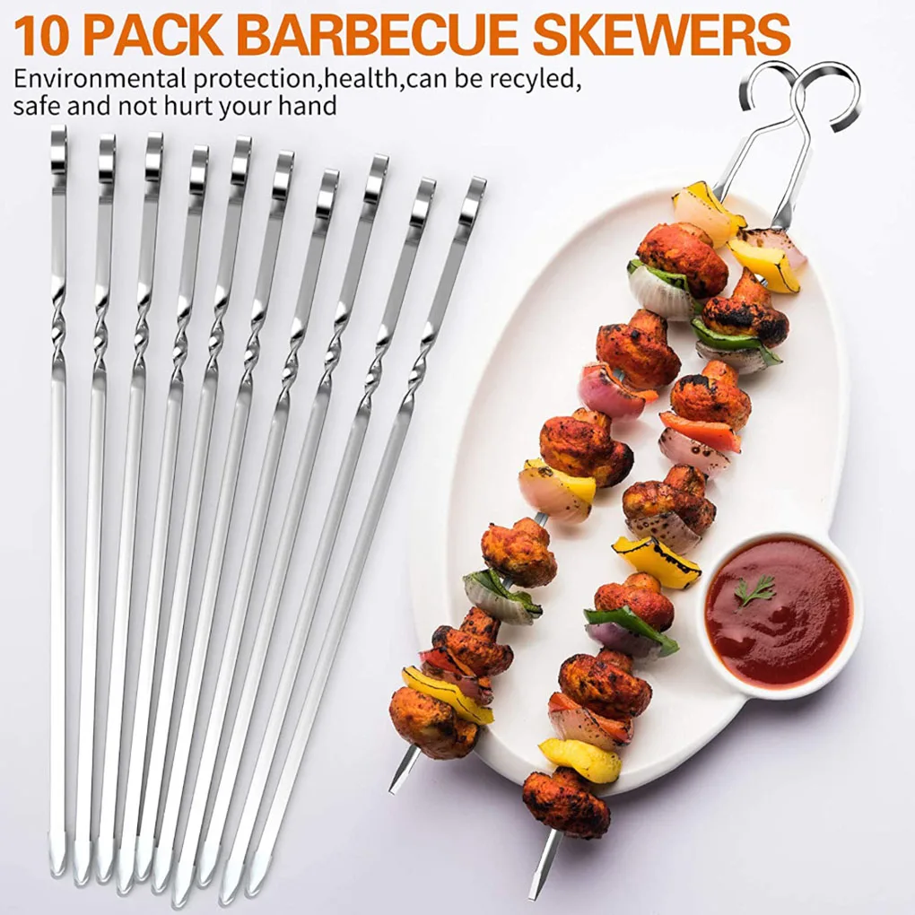 10pcs BBQ Skewers Stainless Steel Barbecue Sticks Flat Cooking Grill Skewers for Home Camping