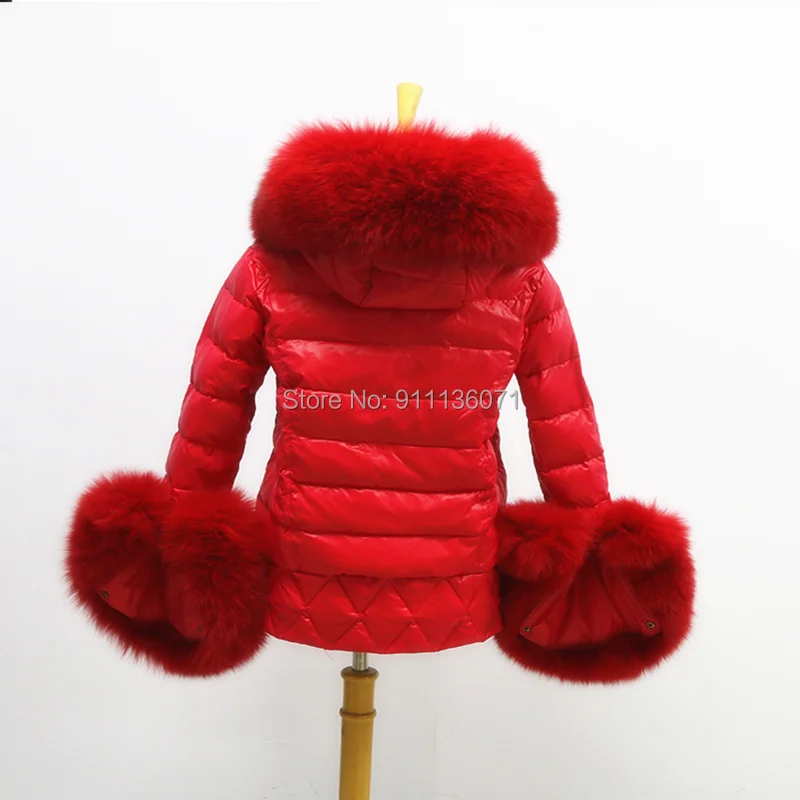 Custom Real Fox Fur Big Hood Puffer Jacket For Ladies Women Children Size White Duck Down Coat  with cuff