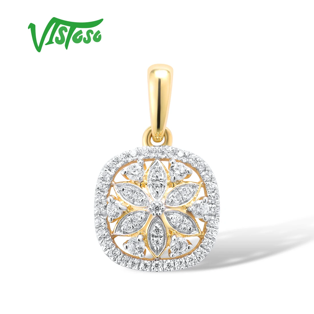 

VISTOSO Gold Pendant For Women Genuine 14K Yellow Gold Sparkling Diamond Flower Pendant Delicate Elegant Trendy Fine Jewelry