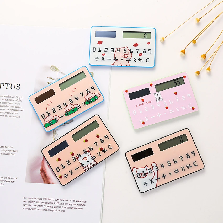 Creative portable small calculator, cartoon mini card type ultra-thin solar cute exam calculator, plastic 8-digit display