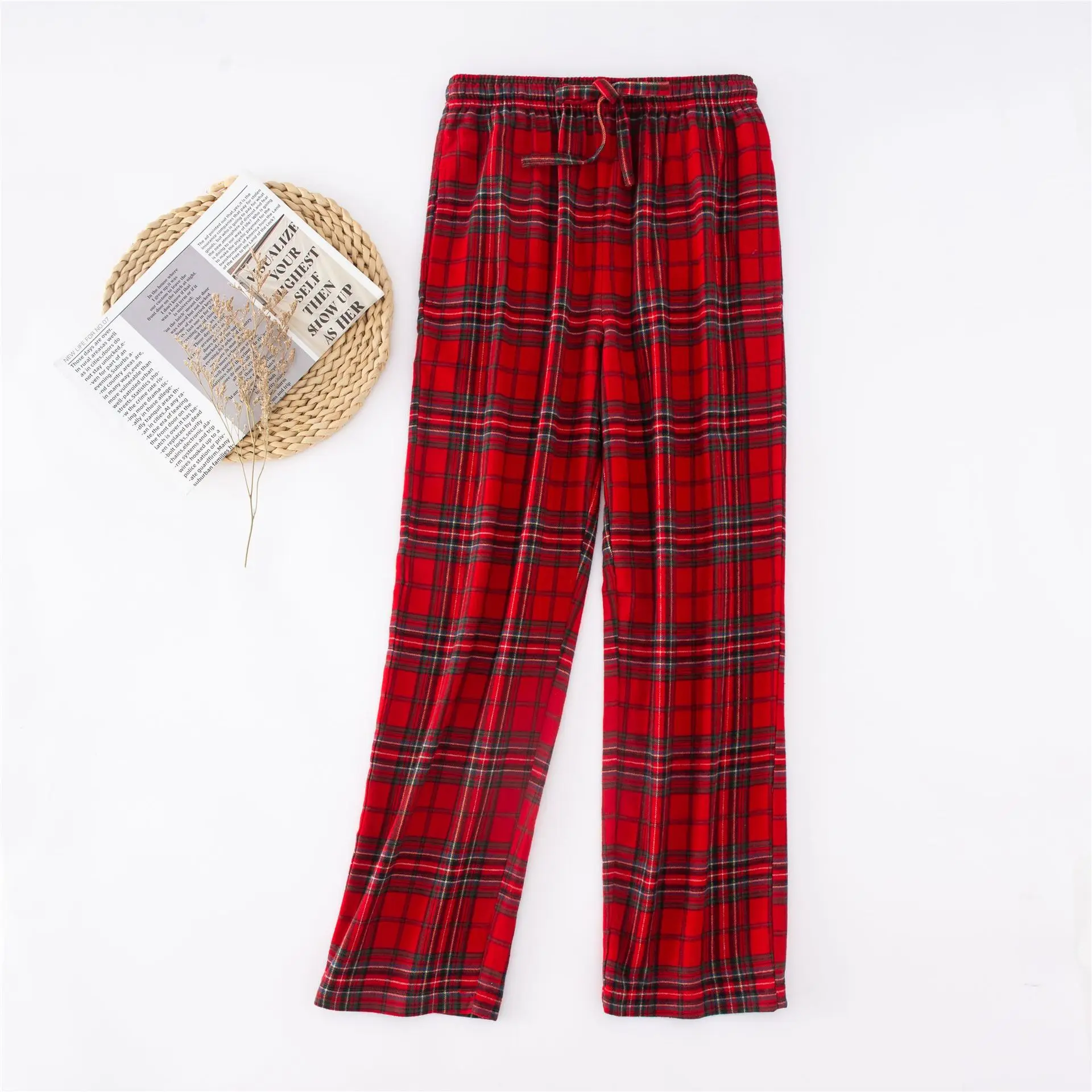 Primavera otoño hombres 100% pantalones de dormir de algodón pantalones de dormir rojos masculinos pantalones casuales de casa a cuadros parejas pantalones de pijama de alta calidad