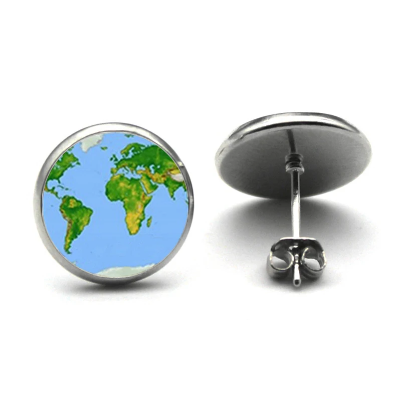 Retro World Earth Studs Earrings World Map Glass Earrings Globe Jewelry World Earth World Travel Stud Earrings for Woman Men