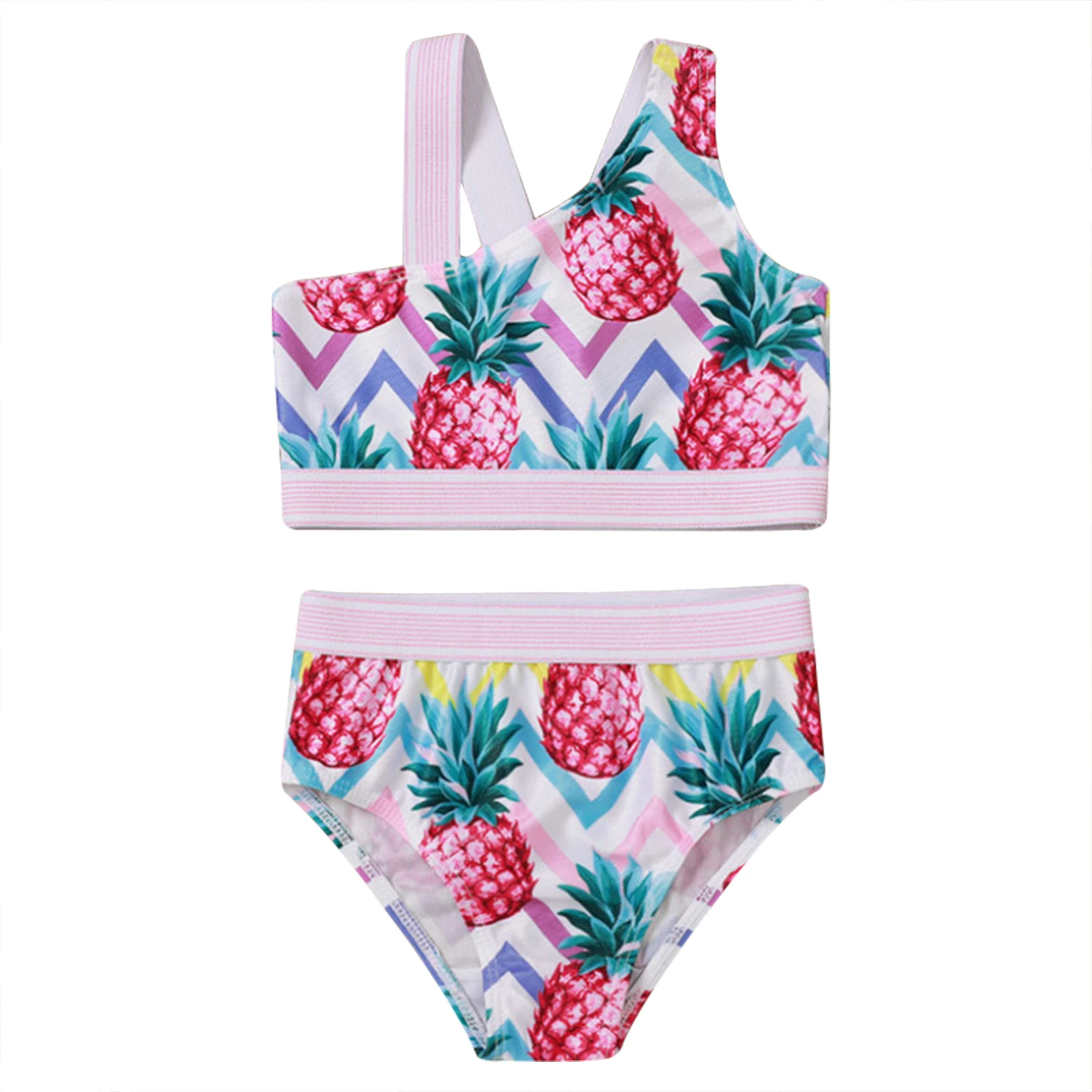 2021 Fashion Baby Meisjes Twee Stuk Zomer Badpak Asymmetrie Bandjes Gedrukt Badmode Kinderen Bikini Baden Seaside Pak