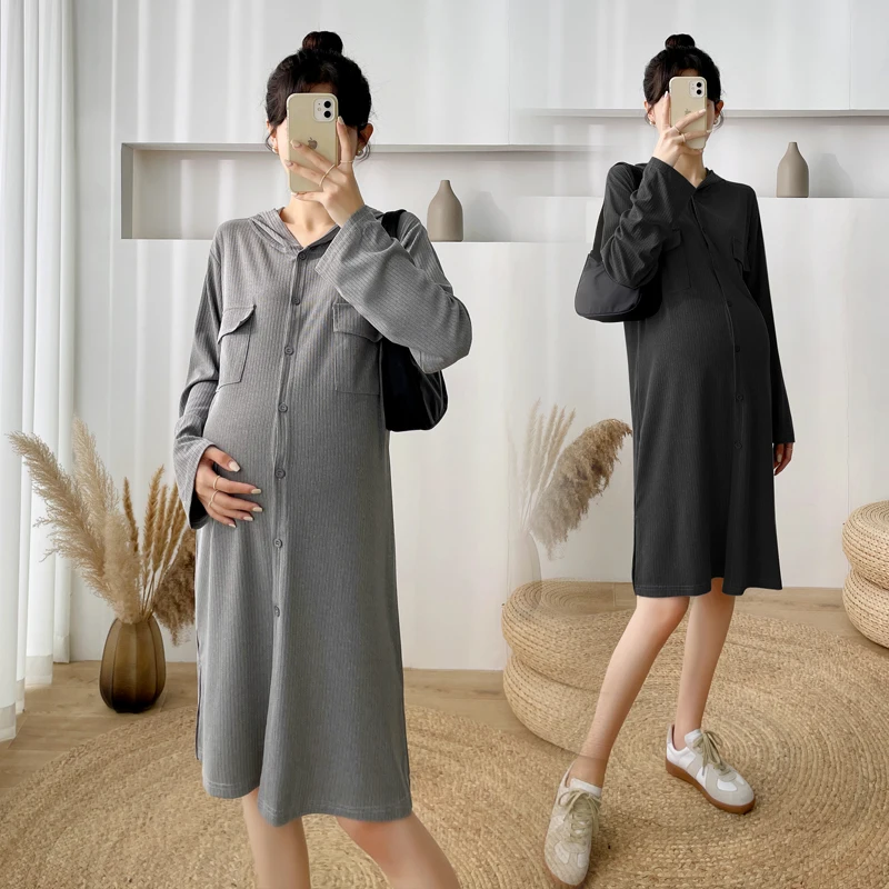 6177# Autumn Winter Thicken Maternity Hoodies Dress Casual Straight Long Sleeve Clothes for Pregnant Women Pregnancy Clothing