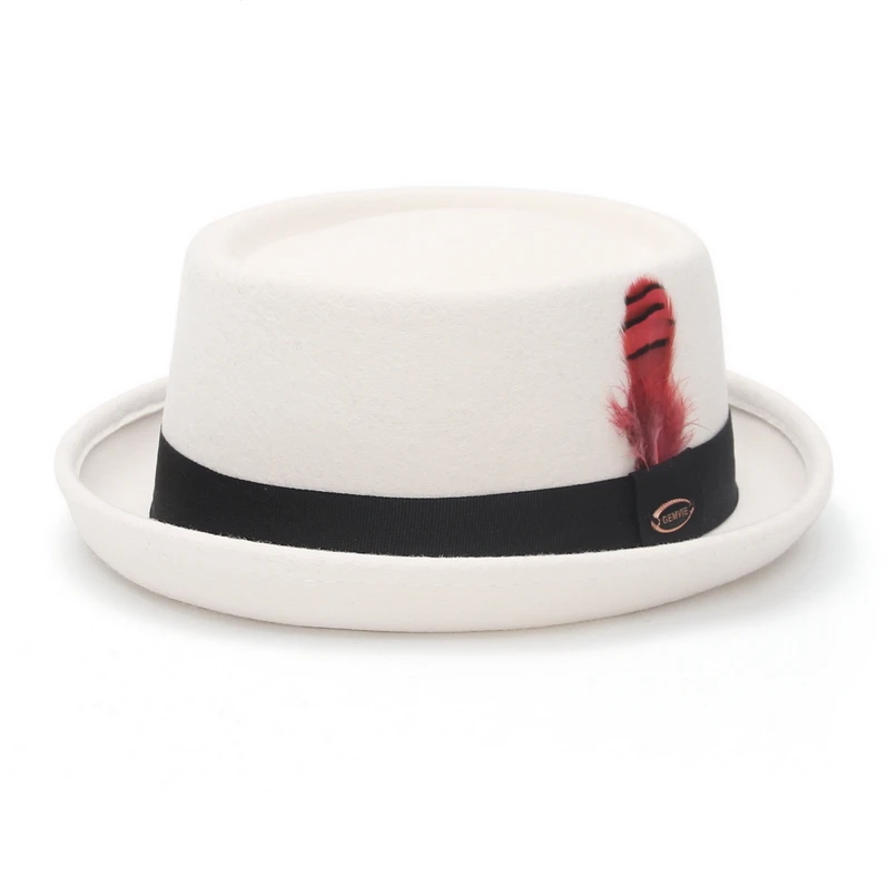 GEMVIE 100% Wool Felt Crushable Men Women Porkpie Fedora Hat Short Brim Autumn Winter Pork Pie Hat Striped Feather Band