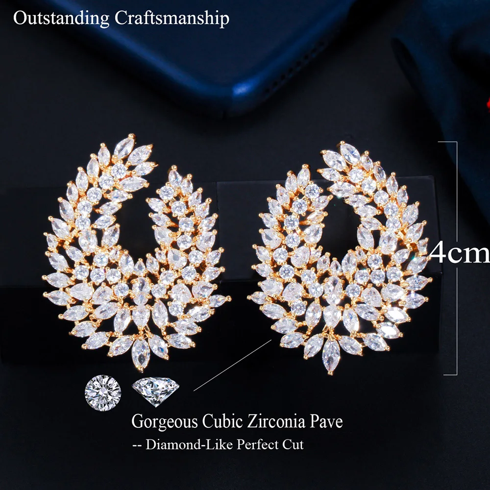 Pera High Quality African CZ Gold Color Big Statement Leaf Shape Crystal Drop Earrings for Women Engagement Party Jewelry E673