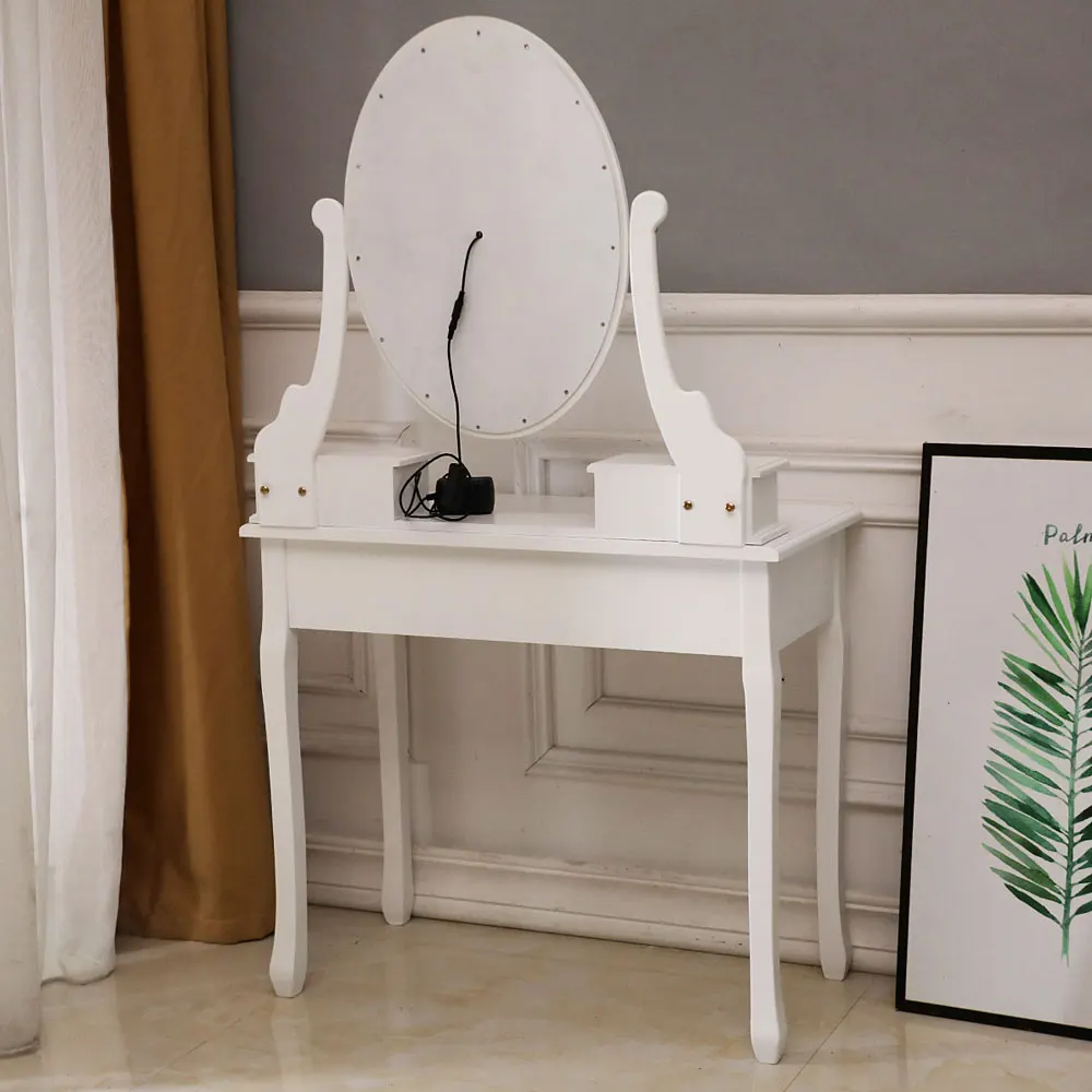 Dressing Table FCH With Light Bulb Single Mirror 5 Drawer White[US-W]