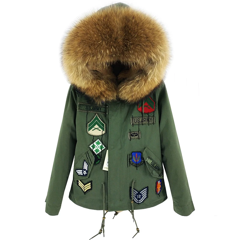 Chaqueta bordada de manga larga para mujer, chaqueta de gran tamaño con cuello de piel de mapache, con capucha, a la moda, color verde militar, para invierno