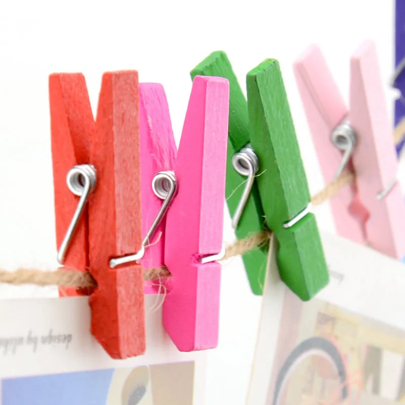 100 Pcs 3.5 Cm Color Wooden Clip Photo Clips Hemp Rope Paper Peg Pin Photos School Office Clips Party Decoration