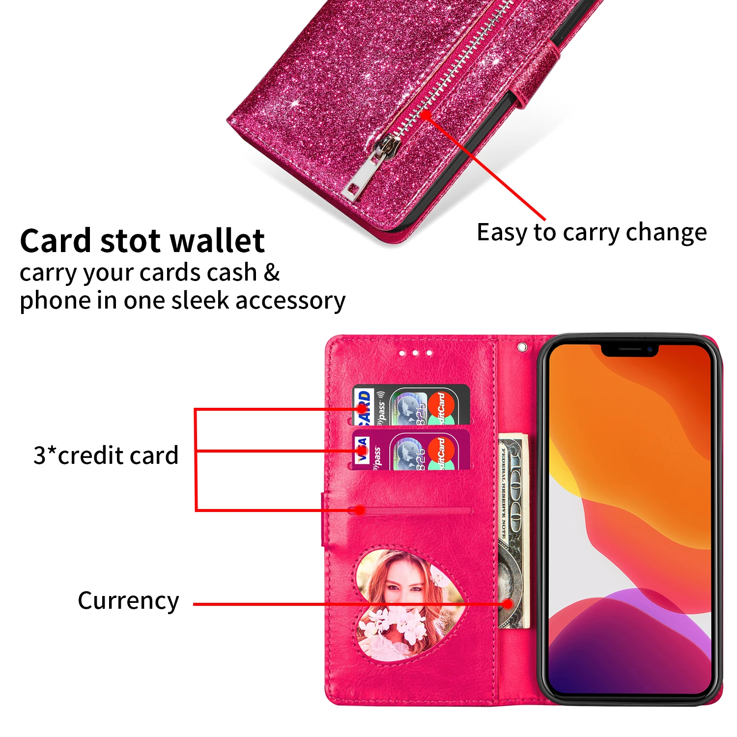 Zipper Glitter Leather Case for XiaoMi Mi 13T 12T 11T 10T 11 Lite Poco F5 X5 X4 X3 GT F3 F4 M4 Pro M5S C55 C40 Flip Phone Wallet