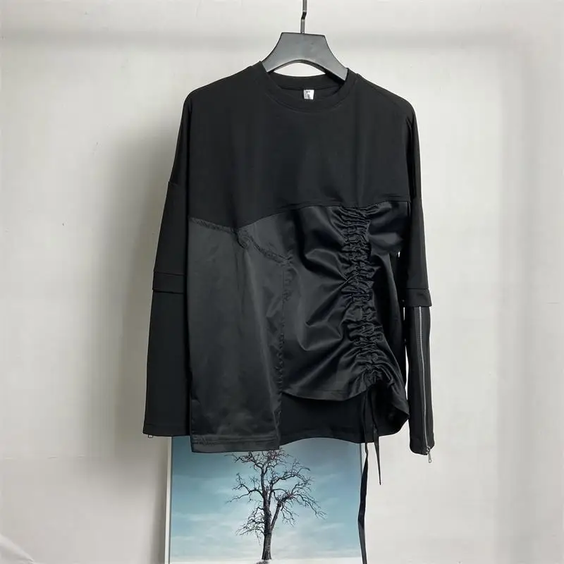 

Men's Long Sleeve T-Shirt Spring And Autumn New Dark Round Collar Stitching Design Irregular False Two Sleeve T-Shirt