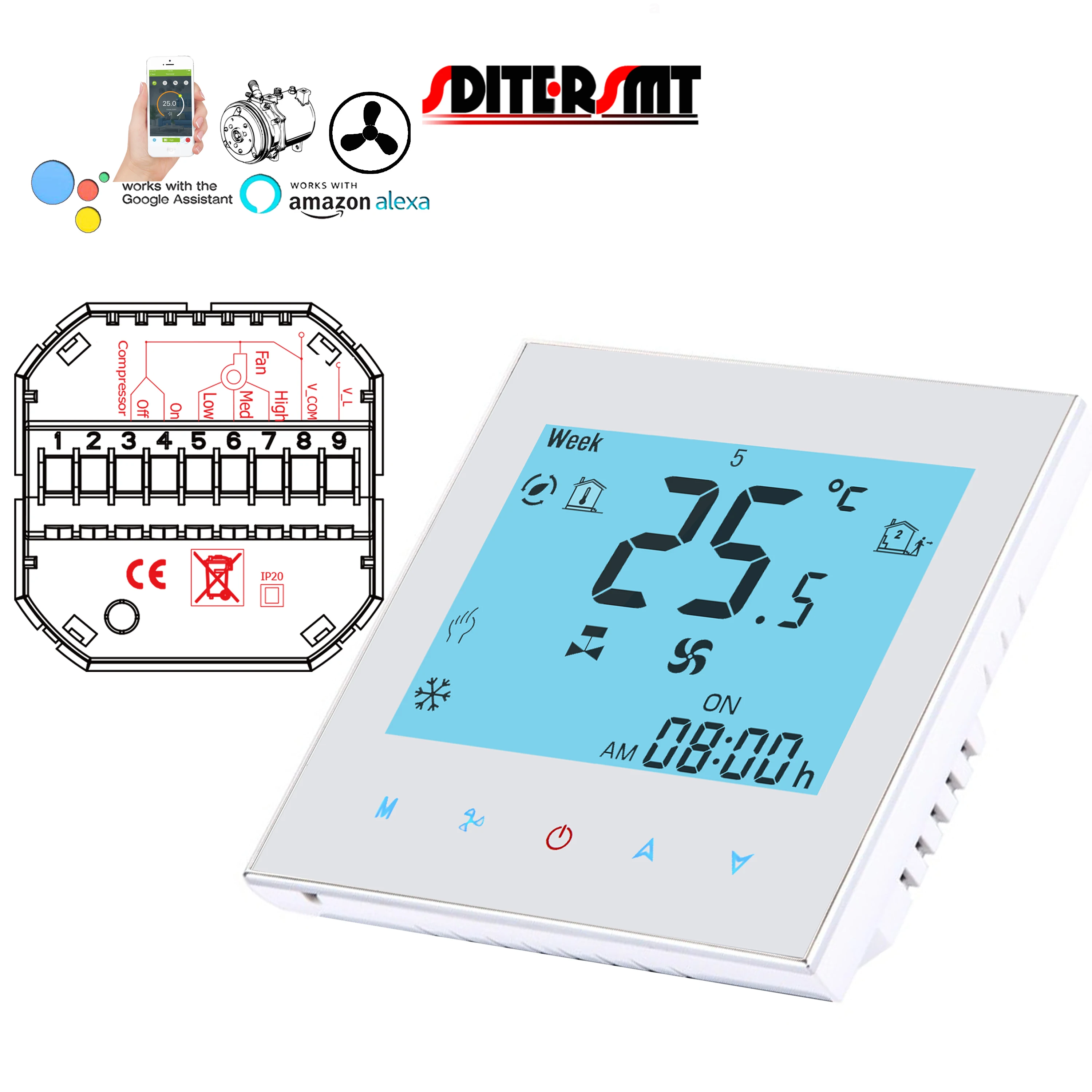 24V 95-240V Compressor Delay Switch Smart Thermostat Google for 2-Tube Fan Coil 3-Gear AC Heater Cooler Air Conditioner