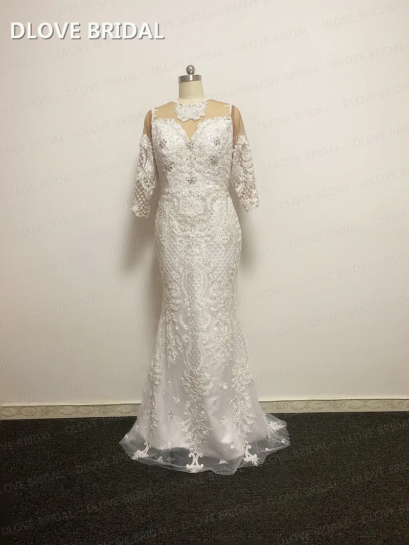 Plus Größe Lange Ärmel Hochzeit Kleid Einzigartige Perlen Spitze Brautkleid DLOVE BRAUT Neue Stil Kleider Echt Fotos