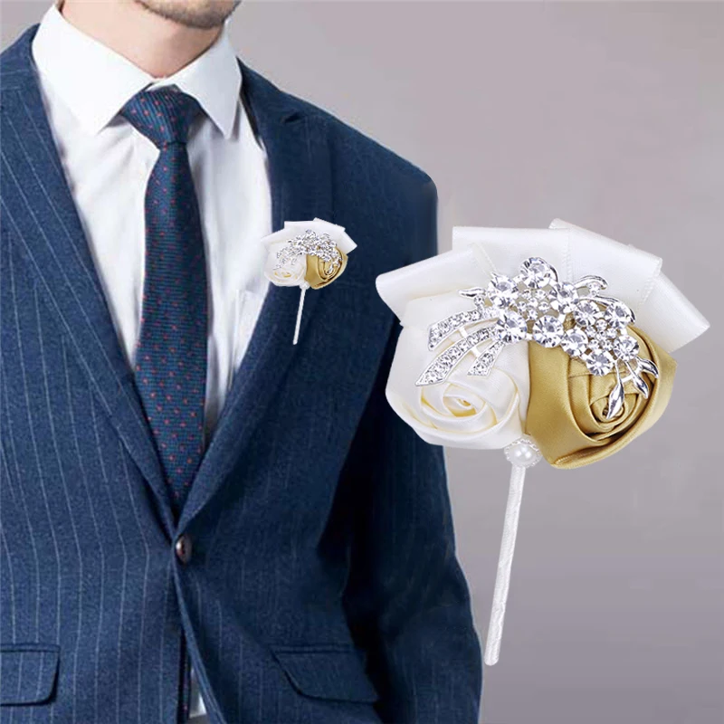 Korean Hot-Selling Groom Suit Lapel Pin Ribbon Rose Rhinestone Handmade Men's Corsage Wedding Party Supplies XH0688