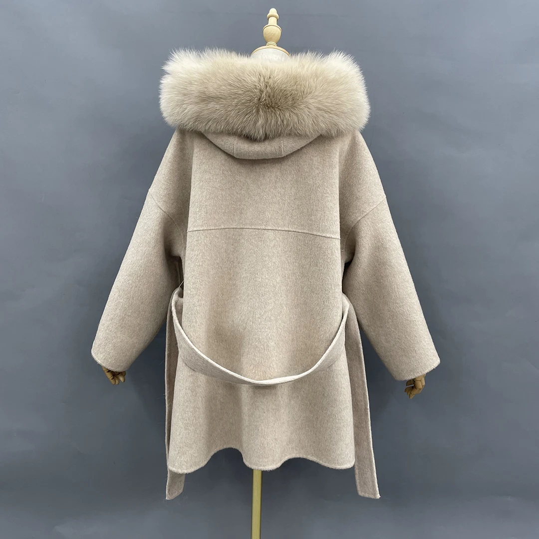 MISSJANEFUR Cashmere Coat Women Fashion Caual Fur Trim Hood Wool Jacket With Big Fox Fur Pockets Loose Belted Coat Women