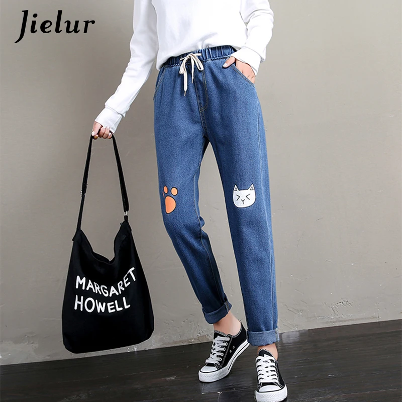 Jielur Chicly Autunno Inverno Cat Stampato Pantaloni Carino Per Le Donne Delle Ragazze Coreano Casual Pantaloni Del Fumetto Blu Allentato Mujer Pant S-5XL