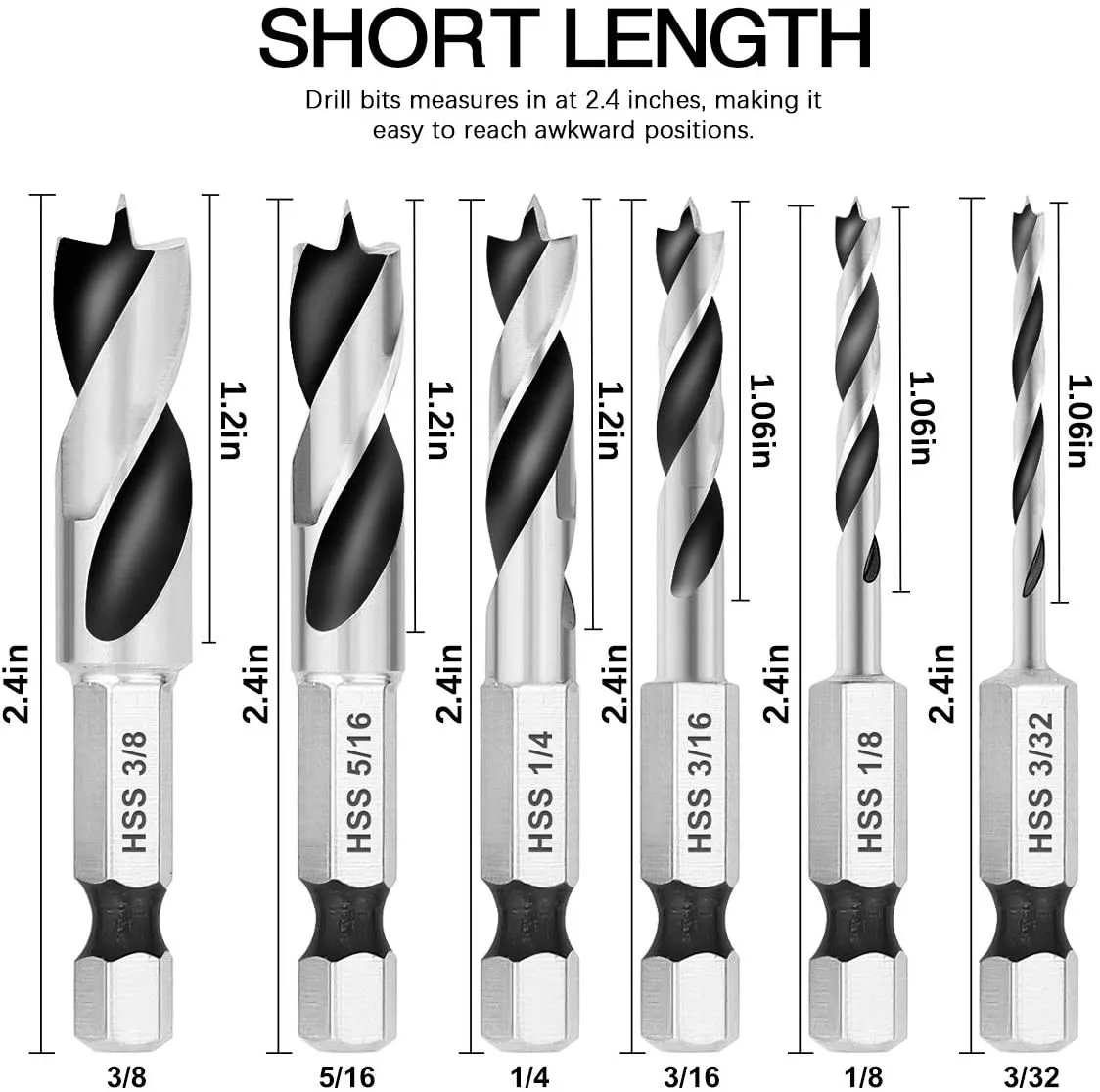 6pcs Brad Point Stubby Drill Bit Set For Wood With 1/4 Inch Quick Change Hex Shank Woodworking Tool