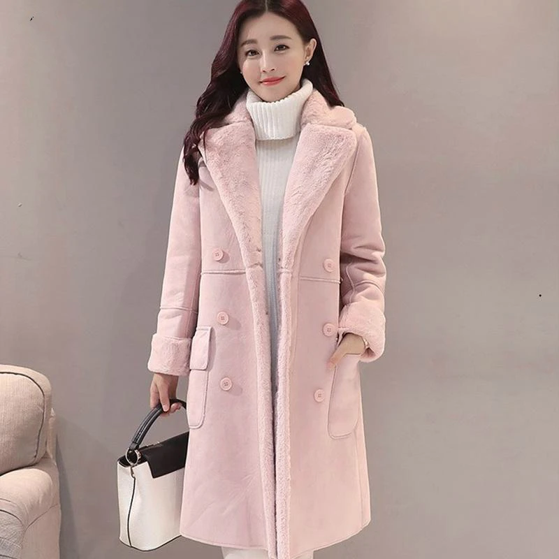 Women Suede Fur Winter Coat 2021 Fashion Thick Faux Sheepskin Long Jacket Overcoat Female Solid Warm Trench Coats Spring Autumn