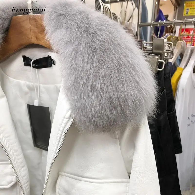 Große Hight Qualität Fuchs Pelz Kragen 2020 Neue Frauen Winter Warm Faux Leder Jacken Motorrad Pu Leder Jacke Weibliche Warme mäntel