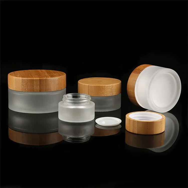 1oz Empty Cosmetic Makeup Container 5g 15g 30g 50g 100g Recycled Frosted Glass Jars With Bamboo Lids  bamboo cosmetic jar glass