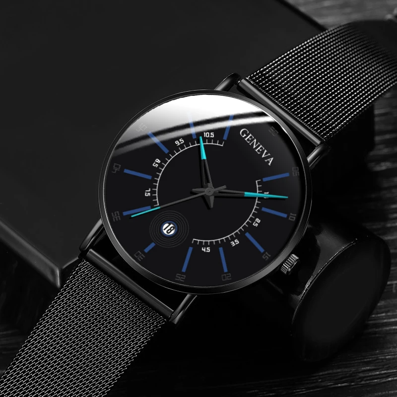 GENEVA Top Brand Luxury Watch Men Business Measuring Cool Calendar Thin Steel Mesh Band Quartz Watch Male Fashion Clock Relogio