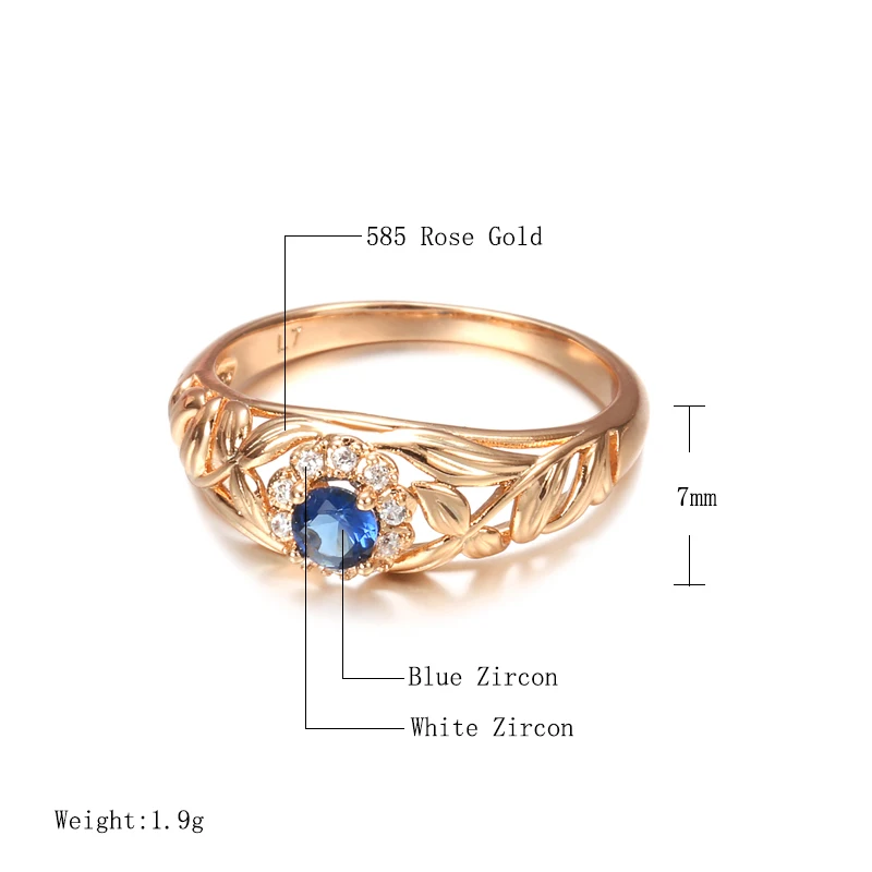 Kinel Blue Natural Zircon 585 Rose Gold Ring Hollow Crystal Flower Ethnic Bride Wedding Rings for Women Vintage Fine Jewelry