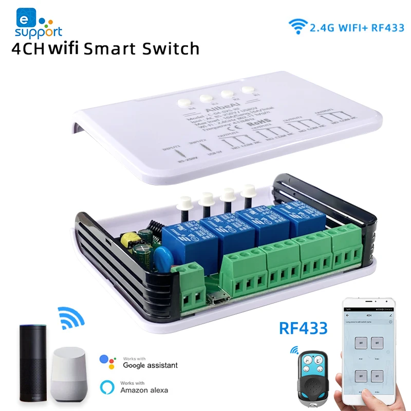 EWeLink-controlador de Motor inteligente para el hogar, interruptor Wifi de 4 canales, cc 12V 24V 32V 110V 220V, relé de 4 canales, Control remoto Alexa Google RF433