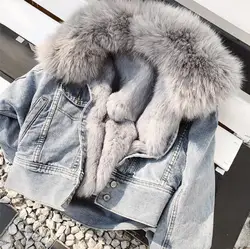 Manteau en denim chaud et épais avec doublure en fourrure de lapin véritable, doublure en fourrure amovible, fourrure rembourrée, renard véritable, joins comme 600, mode d'hiver, F504