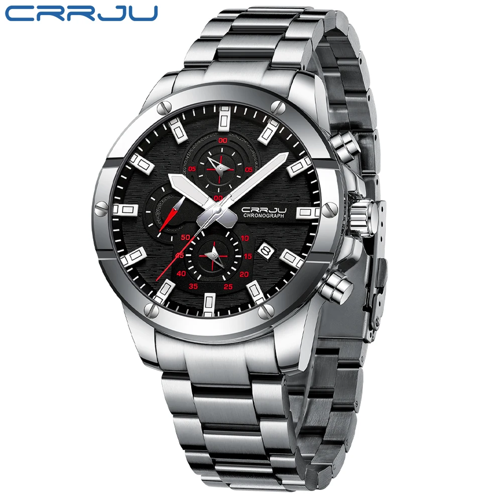 CRRJU Fashion Top Brand Sports Watch Men Stainless Steel Chronograph Wristwatch Male Clock Auto Date Casual Business Watch Reloj