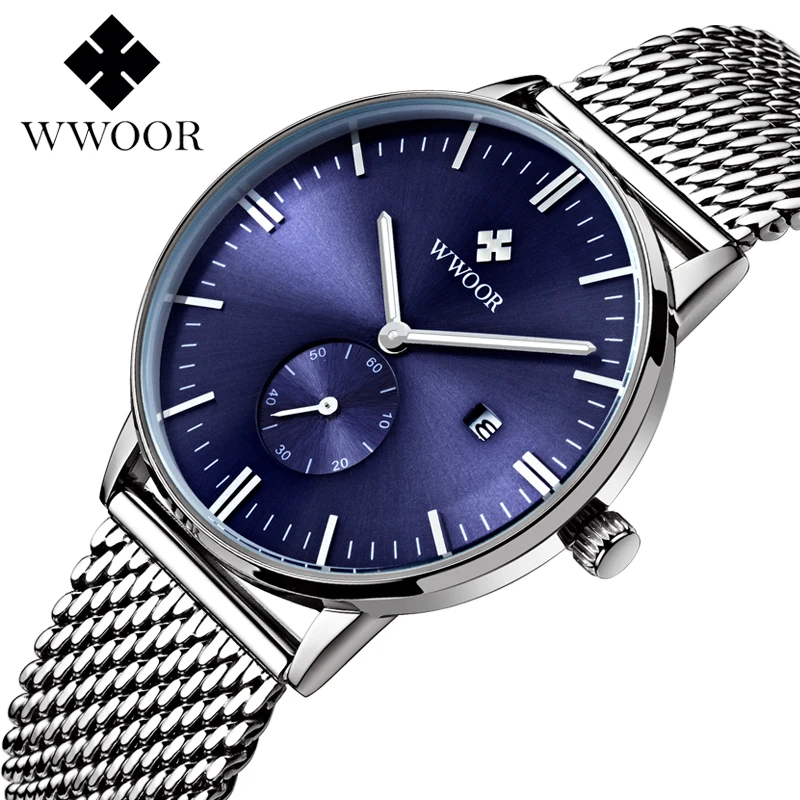 

WWOOR Men Quartz Watch Mesh band Luminous Hands Second Sub-dial Date Display Fashion Casual Wristwatch relogio masculino