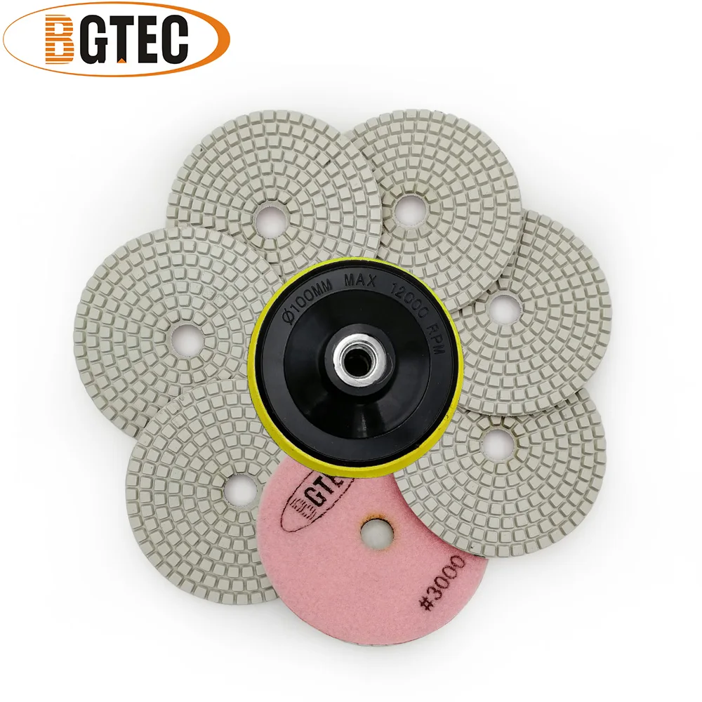 

BGTEC 4inch 7pcs #3000 wet diamond flexible polishing pads with M14 Plastic Backer pads 100mm grinding disc for marble & granite