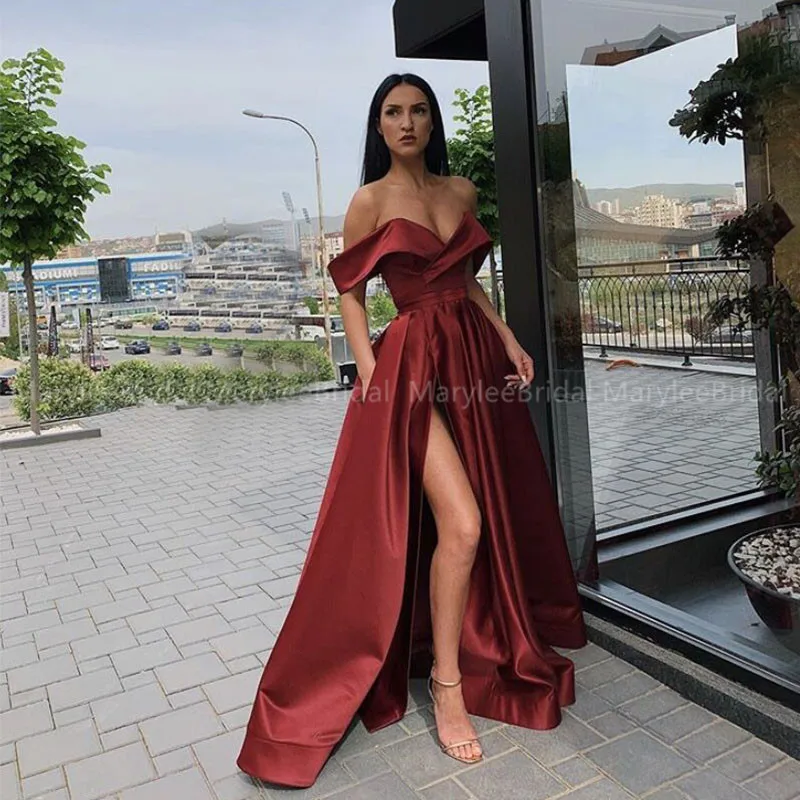 

Sexy Off Shoulder Evening Dresses High Slit Burgundy Royal Blue robe de soiree Draped Skirt Full length Formal Party Dresses New