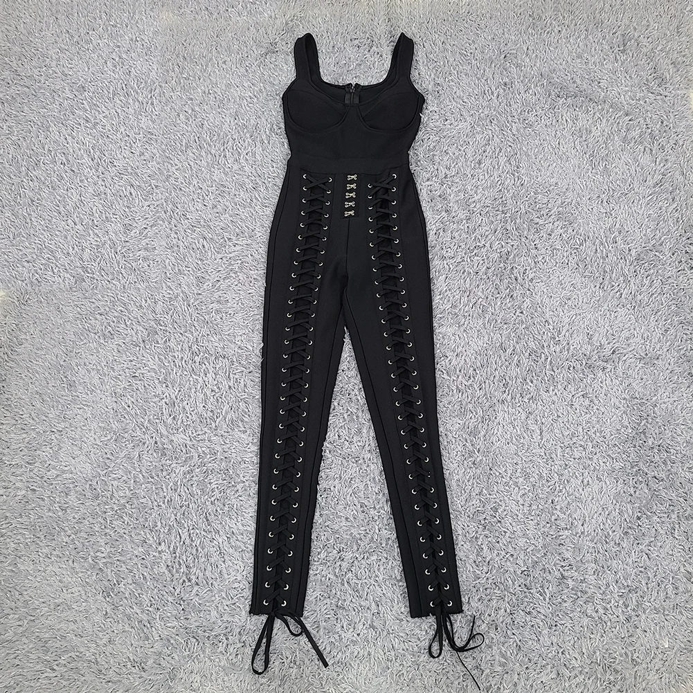 Hot Women Winter Fashion Sexy V Neck Black White Eyelet Bodycon Bandage Jumpsuit 2021 Celebrity Designer High Street Rompers