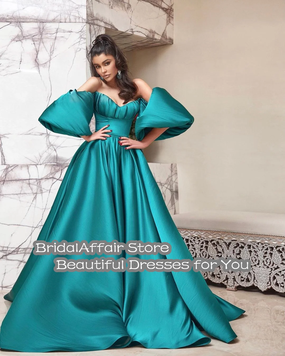 BridalAffair 2022 Elegant Green Satin Prom Dresses Puffy Sleeves Sweetheart Crystals Beaded Long Ball Gown Arabic Evening Gown