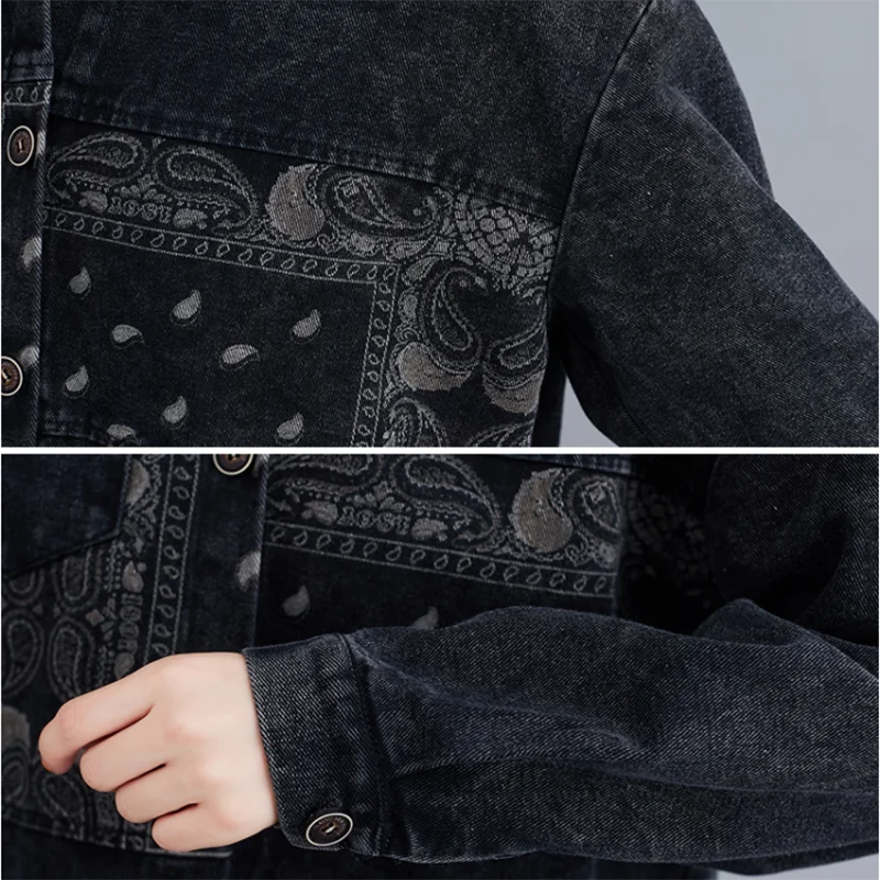 Streetwear Print Women's Denim Jacket Coat Black Jeans Outwear Female Spring Autumn Casual Long-Sleeved Loose Cowboy Outwear2025