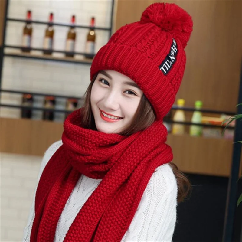 Fashion Women Hat Scarf Sets Autumn Winter Female Thickening Knitted Ear Protection Head Cap for Ladies Girl Warm Hat