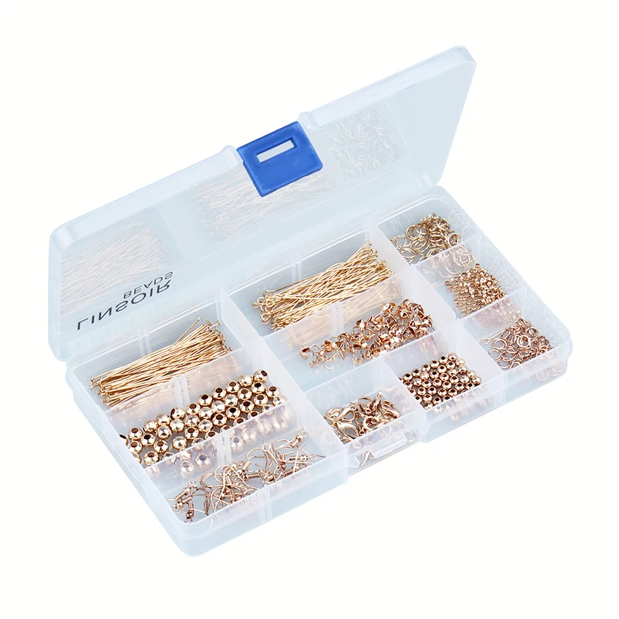 

490Pcs/Box Antique Bead Caps Jump Rings Head Pins Ear Wires Lobster Claps Jewelry Making Findings Kit Box