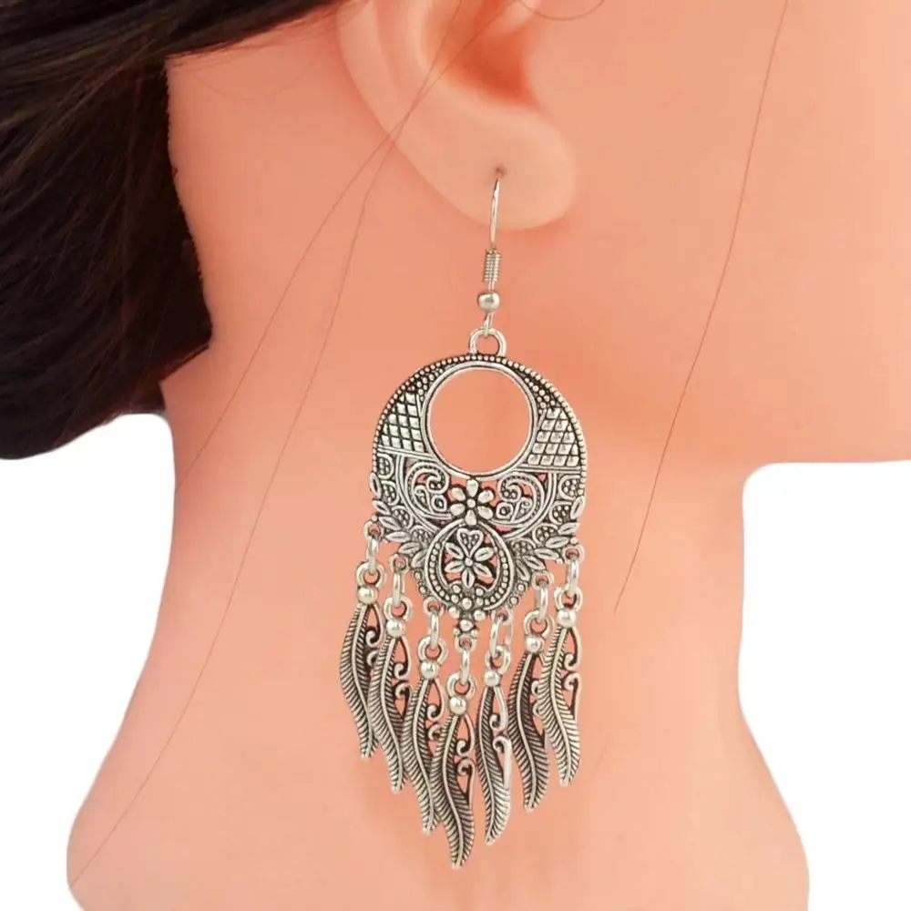 

Tenande Vintage Tibet Color Big Statement Hollow Carved Flowers Geometric Patterns Leaves Tassel Drop Earrings for Women