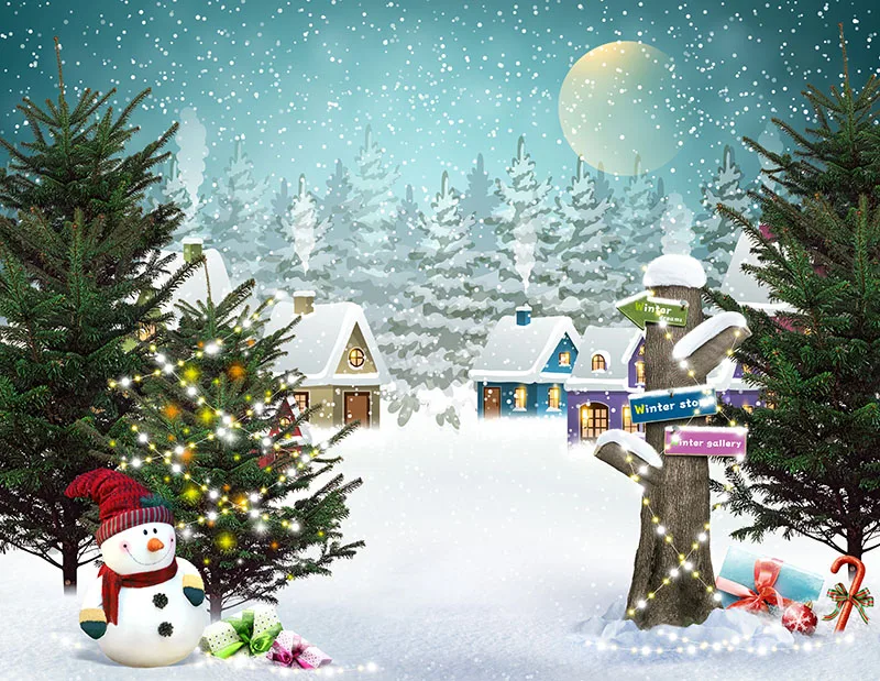 

7x5FT Winter Forest Color Light Snowman Gifts Tree Merry Christmas Custom Photo Studio Backdrop Background Vinyl 220cm x 150cm