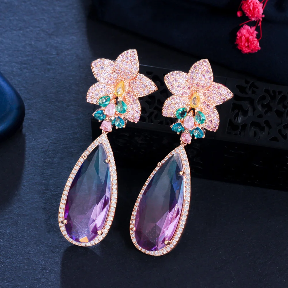 CWWZircons Micro Pave różowy kwiat z cyrkonią duża kropla wody Rainbow kryształ długi luksusowe kolczyki dla kobiet biżuteria Boho CZ965