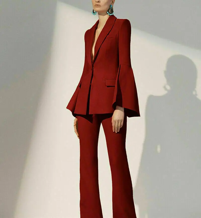 

Mother Of The Bride Pant Suits Burgundy Ladies Women Suit Business Blazer Coat Jacket Pants Office Bell Sleeves